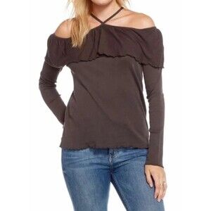 NWT CHASER Ruffle Off The Shoulder Strappy Neck Long Sleeve Shirt Size M